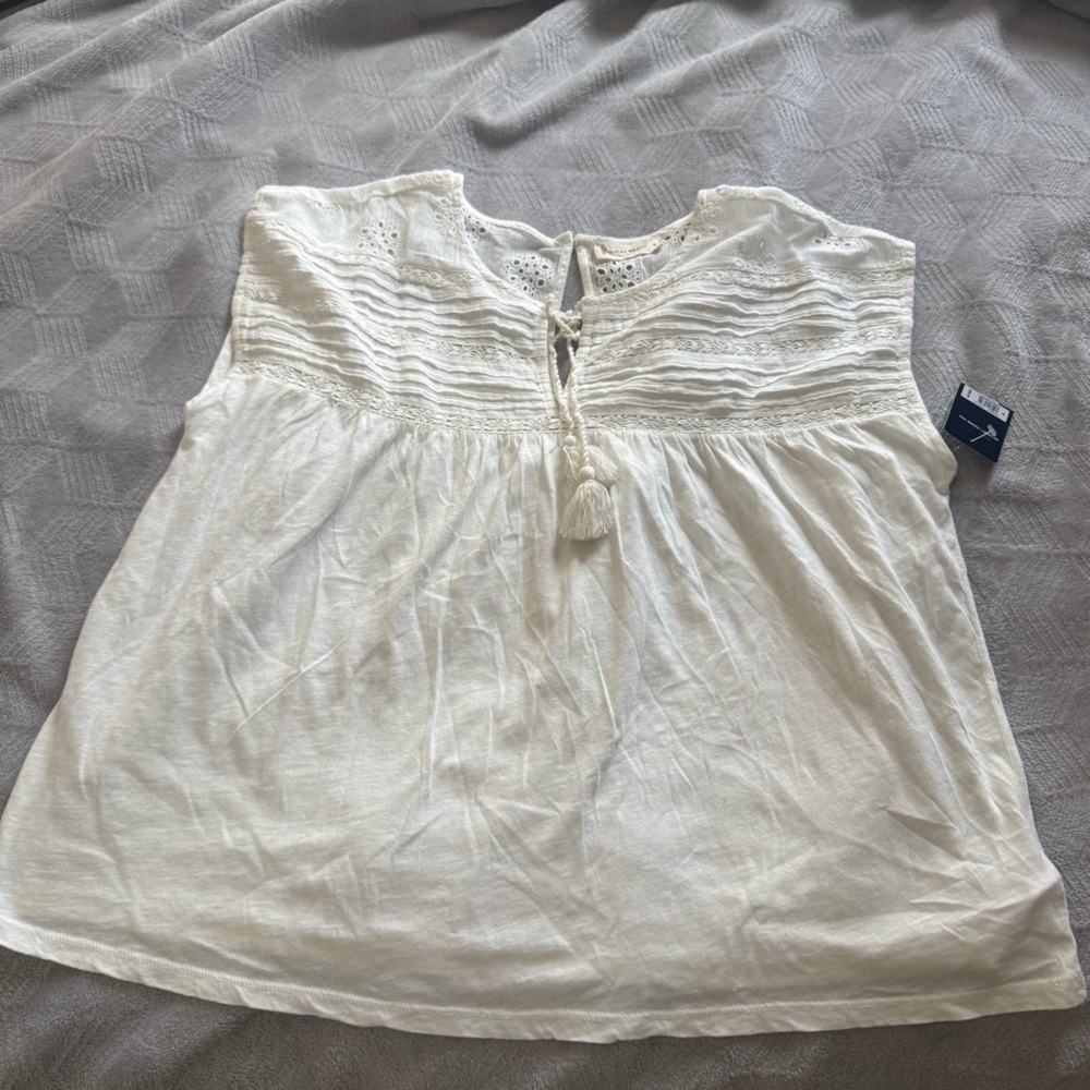 Lucky Brand Schiffley notch neck top Hippie vintage vibes cotton tassel - Picture 5 of 13